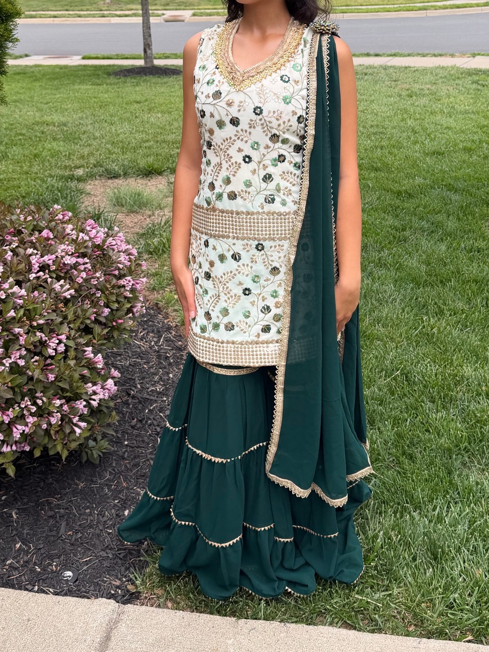Embellished Green and White Traditional Outfit